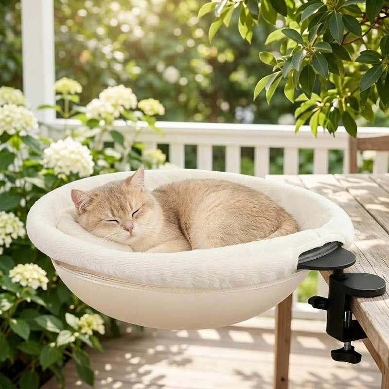 Lit de bureau pour chat pivotant à 180 ° avec structure en acier robuste, conception semi-circulaire, fausse fourrure de lapin douce, convient à divers bureaux, peut supporter jusqu'à 40 lb