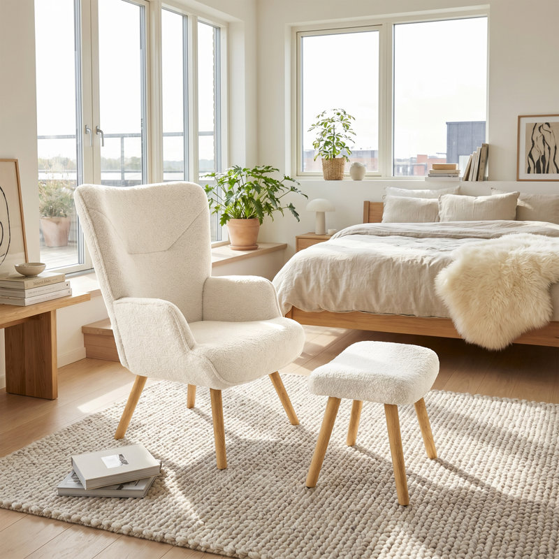 Upholstered Armchair With Footstool, Cream Teddy