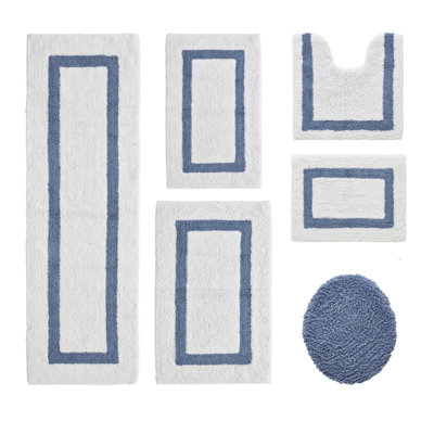 Ensemble de tapis pour salle de bain 100% coton 2370 g / m² Hotel Premium, certifié OEKO-TEX®, conception de piste de course touffetée ultra moelleuse, super absorbant, réversible, tapis de salle de bain lavable à la machine, blanc / bleu foncé