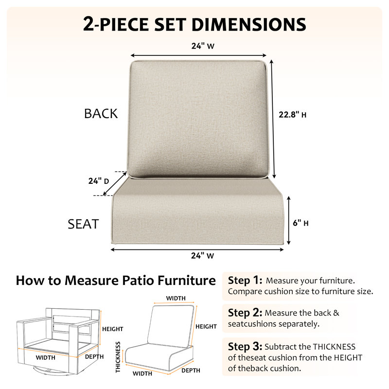 Adwin 6" Outdoor Olefin Cushion Set, Water & UV Resistant Removable Cover, 2 Colors Available (4 PCS), Beige, 4