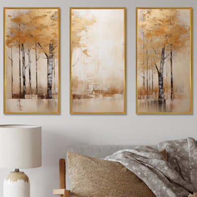 «Minimalisme beige et forêt dorée», ensemble d'art sur toile