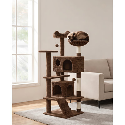 Brun | Tour pour arbre à chat de 54 pouces convenant aux chats d'intérieur, charge totale de 66 lb, équipée d'un perchoir à oreilles, de 2 grottes pour chat et de poteaux à griffes, structure à plusieurs niveaux avec échelle d'escalade et 2 balles en peluche, assemblage facile, conception adaptée aux animaux de compagnie