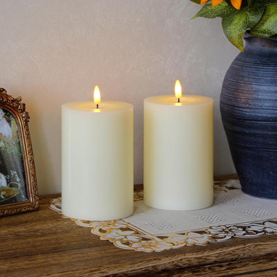 Flameless Flickering Real Wax Remote Candles With Candle Grease, Pack Of 2 Timer LED Battery Operated Fake Warm Light Pillar Candles For Home, Banquet, Ceremony Decoration