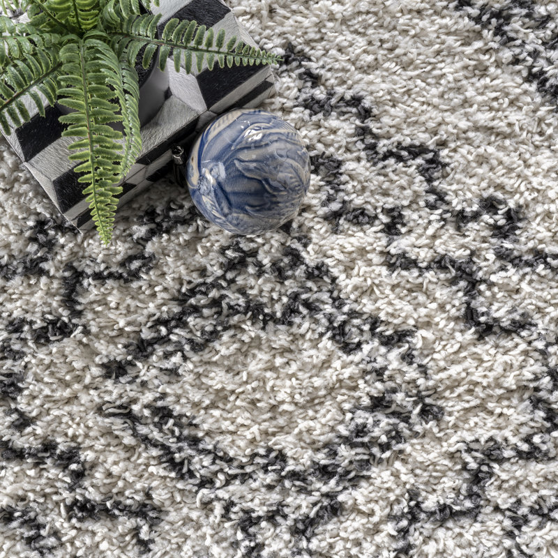 Adry Moroccan Shag Tasseled Cream/Charcoal Area Rug, Oval 3' x 5'