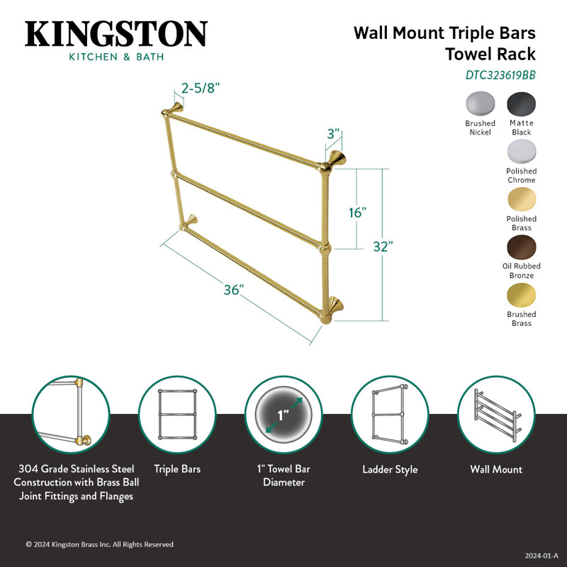 Kingston Brass Maximilien 30-Inch Wall Mount 3-Bar Towel Rack, Chrome, 32" H x 36" W x 3" D