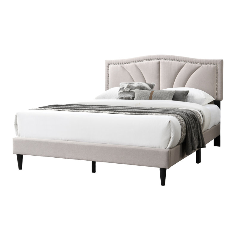 Burlap Fabric Queen Bed In Brown With Graceful Sloped Headboard And No Box Spring Requirement, Light Brown