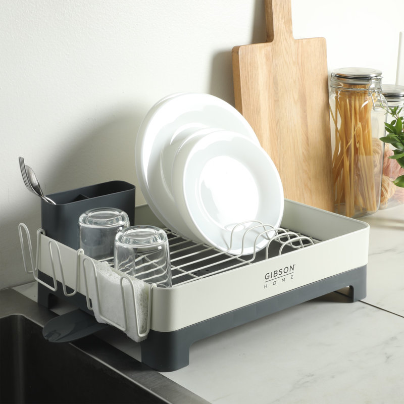 Gibson Home Nestcraft Full Size Rust Resistant Dish Rack with Drain Board and Flatware Caddy , White