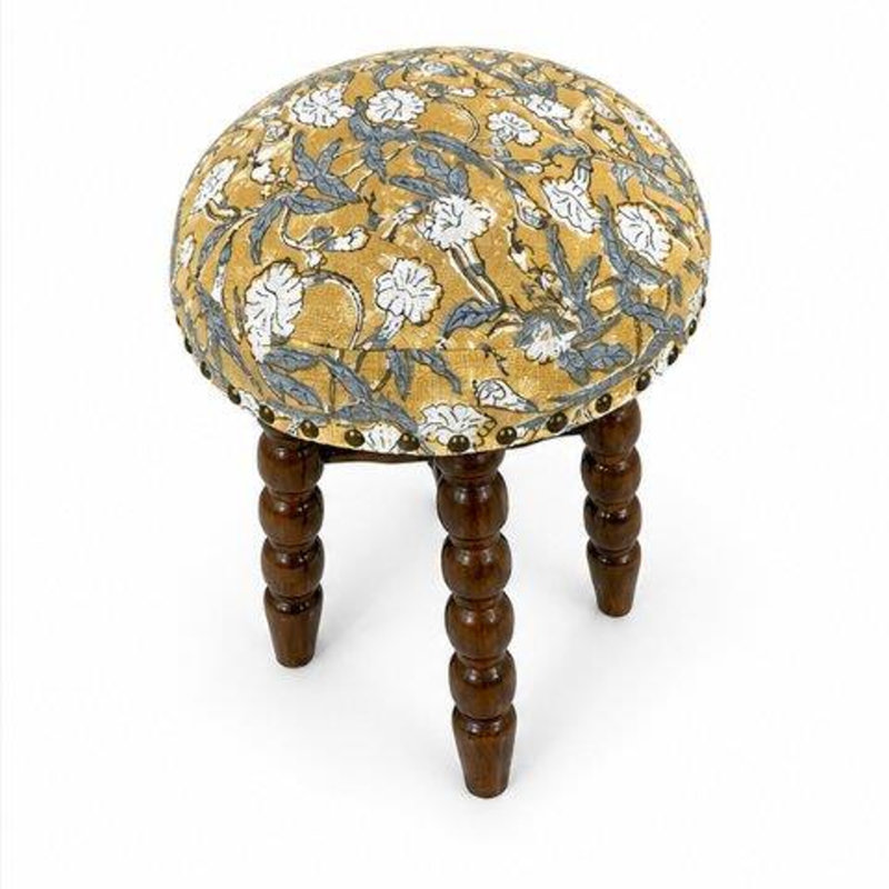 Upholstered Bar Stool with Solid Acacia Wood Frame, Motif floral jaune, Short Stool (18” Seat Height)