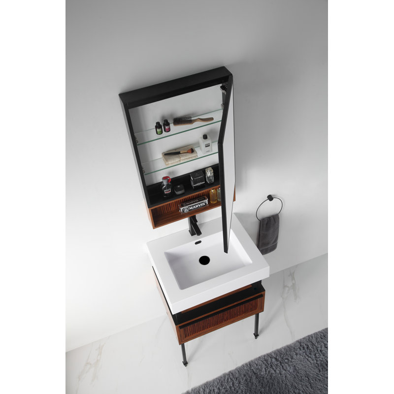 Strobel 21'' W 33'' H Surface Framed Medicine Cabinet Mirror 3 Adjustable, Teak/Black