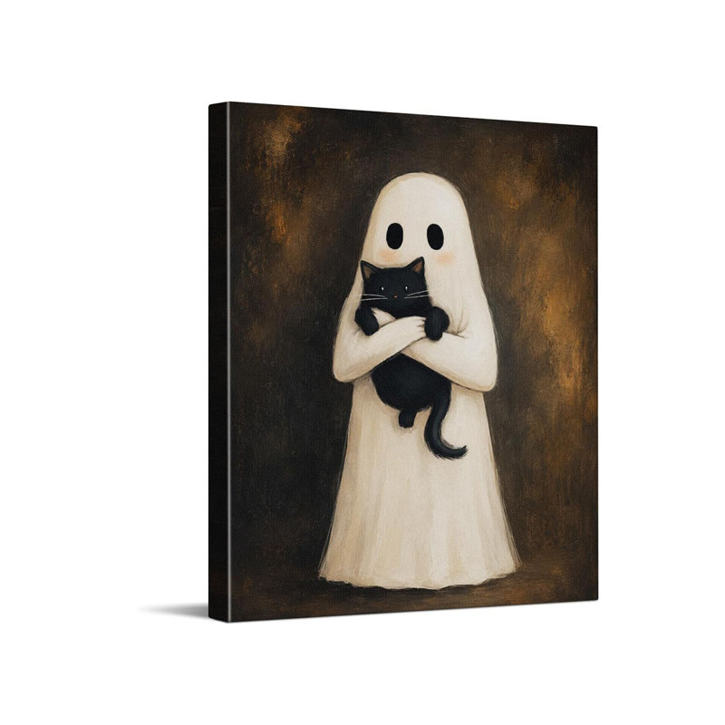 Ghost Hugging Black Cat Halloween Canvas Wall Art Cute Spooky Home Decor