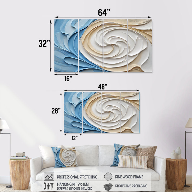Spirales abstraites dans des tons blancs et bleus I - ensemble d'art mural sur toile, H 28 po x l 48 po