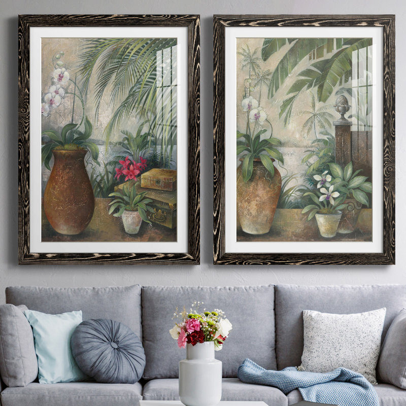 Orchidées au paradis I - ensemble de 2 reproductions d'art graphique, Papier encadré noir, H 20 po x l 17 po x P 1 po, Blanc