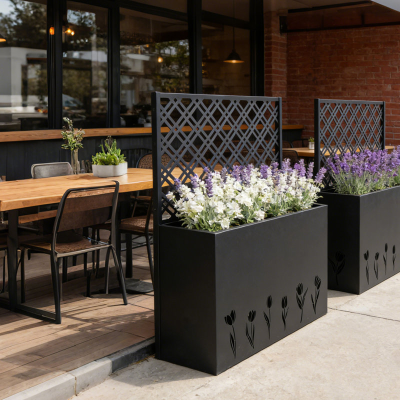 Tall Metal Planter Box With Tulip Privacy Screen, 47 Inch Galvanized Raised Garden Bed, Black