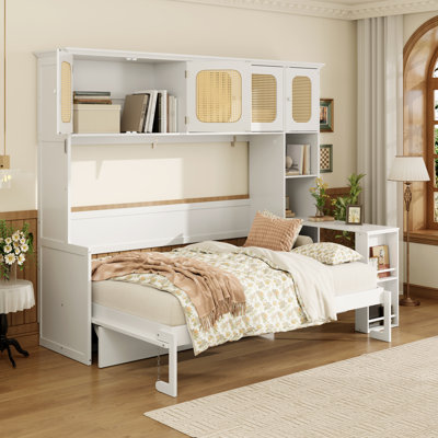 Full Murphy Bed with Desk and Rattan Cabinets, Space-Saving Wall Bed for Home Office, Convertible Storage Bed, Warm White