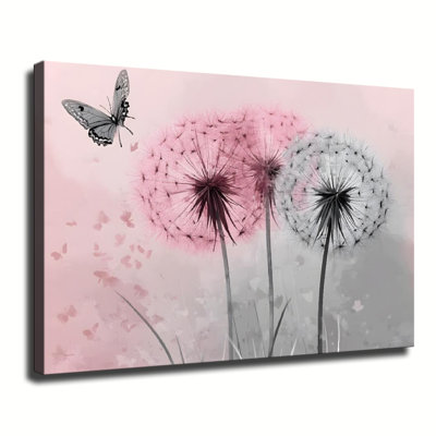 Rose et gris pissenlits avec art mural sur toile encadrée, prêt à accrocher, salon, chambre à coucher, décoration intérieure