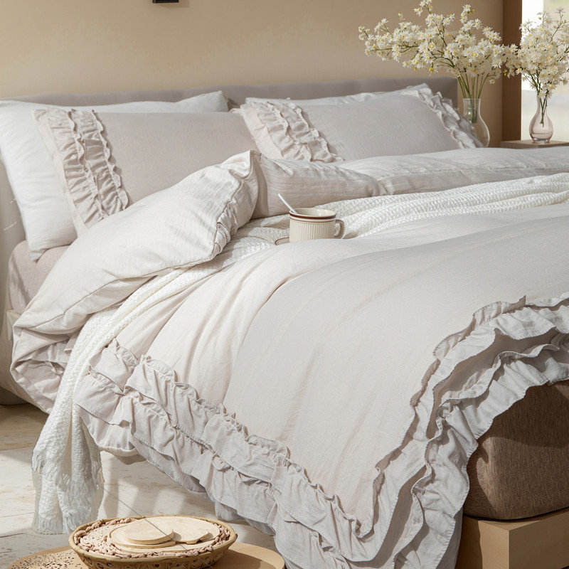 Beige King Comforter Set Ruffled Bedding Comforter Ruffle Fringe Coquette Bedding Boho Farmhouse Quilt Bedding Set for All Season