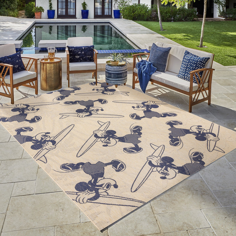 Tapis d'intérieur / extérieur tissé à plat bleu marine / beige Disney Mickey Mouse, Rectangle 5 pi 3 po x 7 po