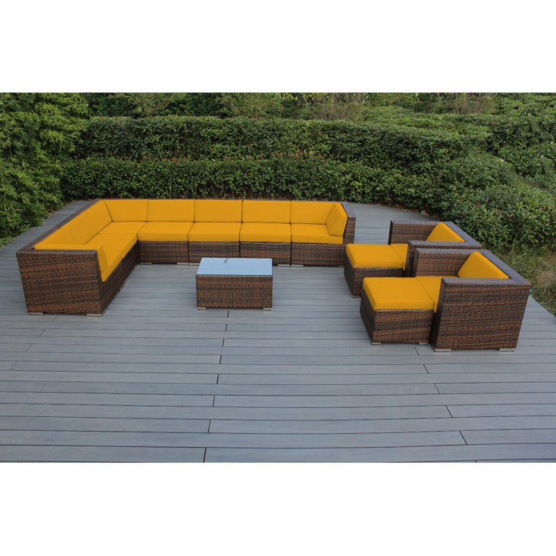 Konen Wicker 8 - Person Seating Group with Cushions - No Assembly, Mixed Brown, Canvas Sunflower Yellow Sunbrella® Canvas