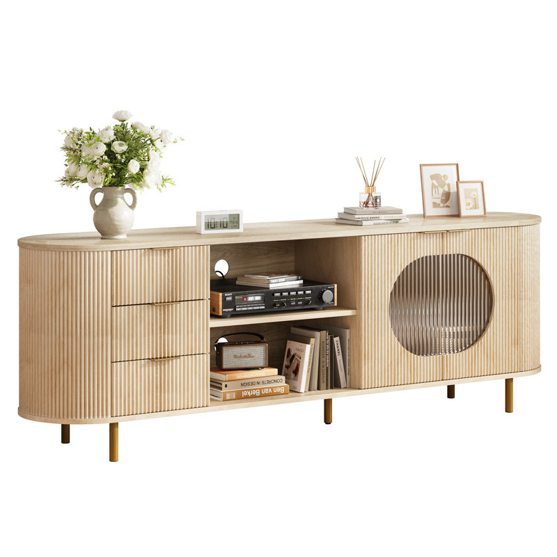 69-inch Curved Tv Stand With Wavy Acrylic Doors & Large Storage, Modern Media Console For Tvs Up To 80 Inches, Wood Tv Entertainment Center For Bedroom, Living Room