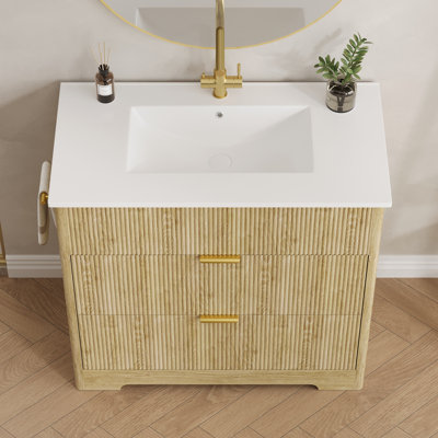 35" Fluted Bathroom Vanity With Sink And Drain Pipe, 2 Drawers ,Natural Oak