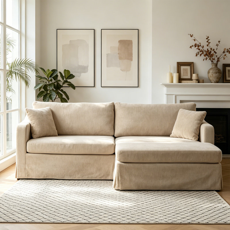 Canapé modulaire en L avec housse en chenille 2 places avec repose-pieds, Wheat