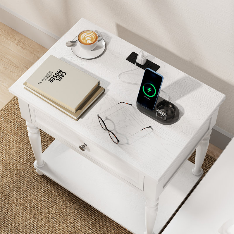 Solid Wood Nightstand Set Of 2 With Drawer, Open Shelf, 2 Power Outlets, 1 Usb Port, And 1 Type-c Port, White