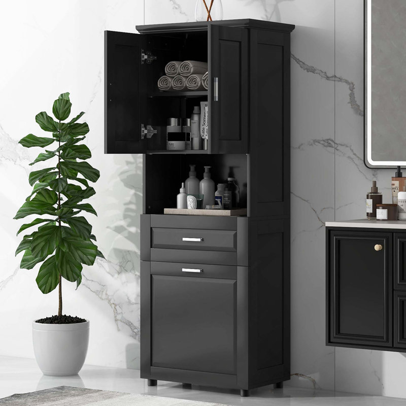 Tall Bathroom Cabinet With Laundry Basket, Large Tilt-Out Laundry Hamper And Upper Storage Cabinet, Black