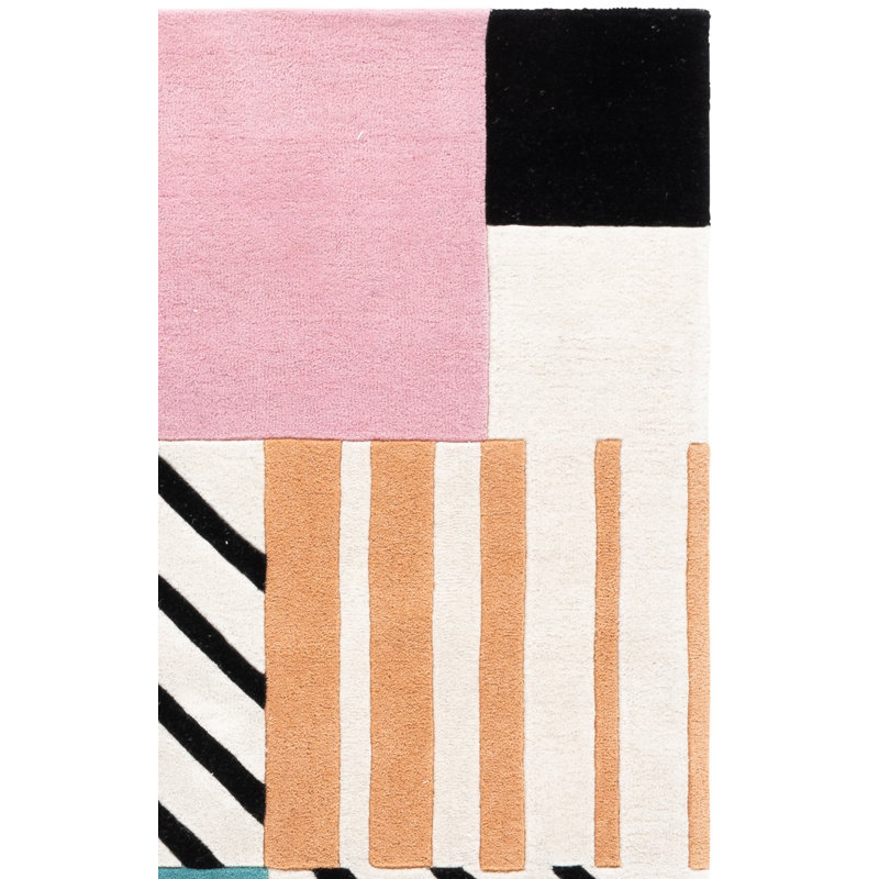 Tapis ivoire / noir / rose en laine fait à la main Tripoli, Carré 3 pi