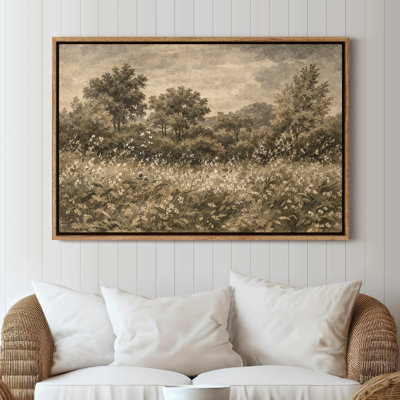 Art mural sur toile encadrée - Paysage de prairie sépia avec des plantes sauvages et des arbres éloignés - 16 po x 24 po, 24 po x 36 po
