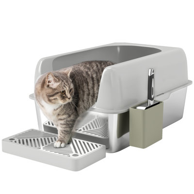 Stainless Steel Litter Box, Metal Litter Box with High Sided for Easy Clean & Anti-Urine Leakage, with Metal Scoop & Scoop Holder