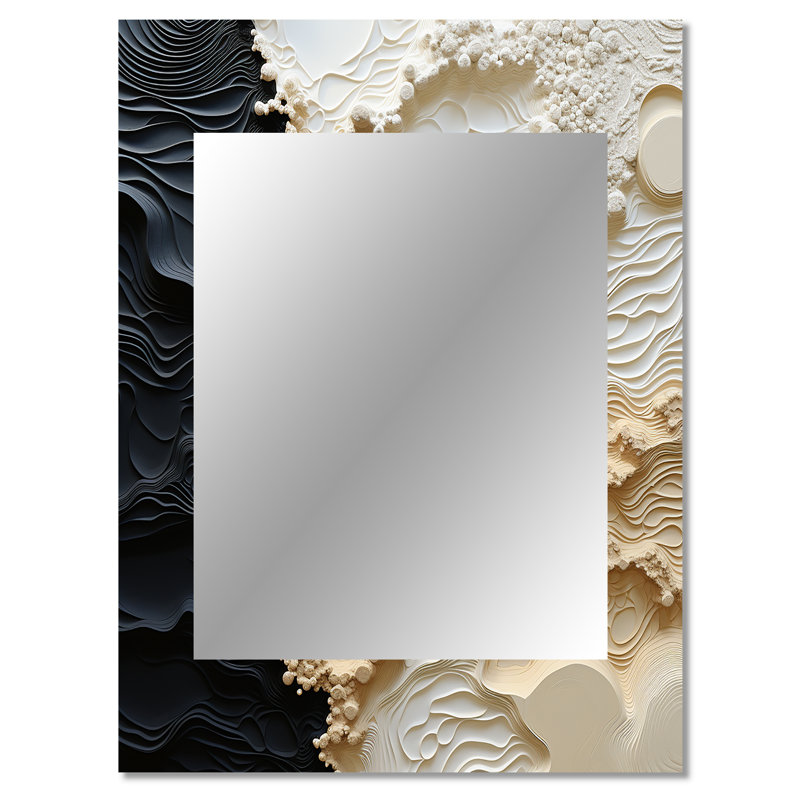 Abstract Cream And Black Liquid Paint - Coastal Wall Mirror, Cream Decorative Mirror, Printed Metal Art, 40" x 30"
