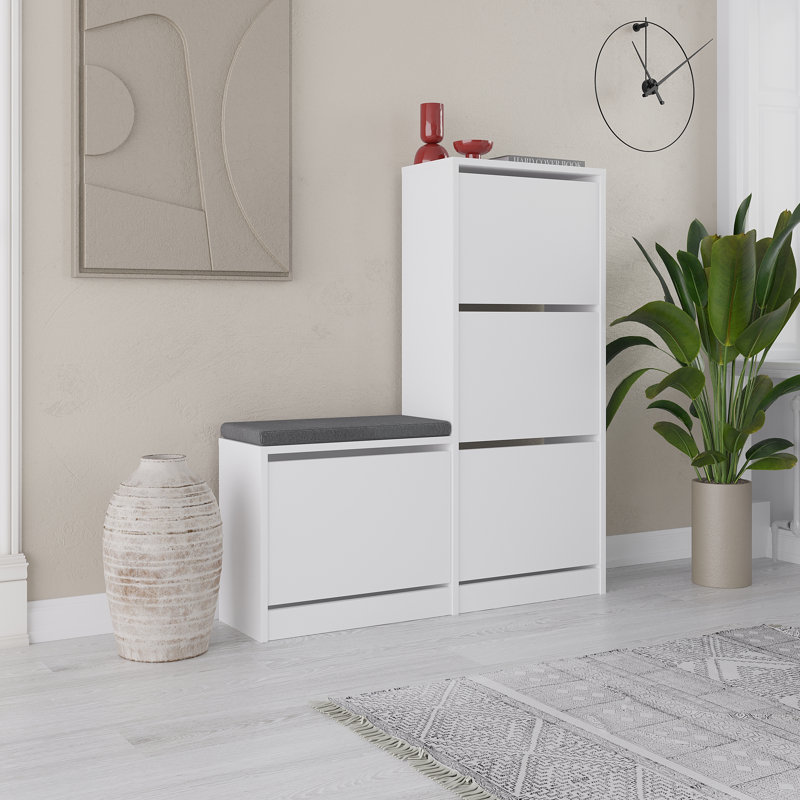 Dude Modern Bench Shoe Cabinet 4 Drop-Doors, White