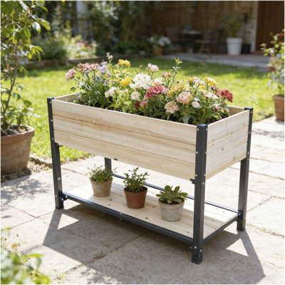 Solid Wood & Iron Frame Raised Garden Bed - Reversible & Replaceable Wood Panels, No Paint/Formaldehyde, DIY Planter Box for Vegetables, Fruits, Flowers
