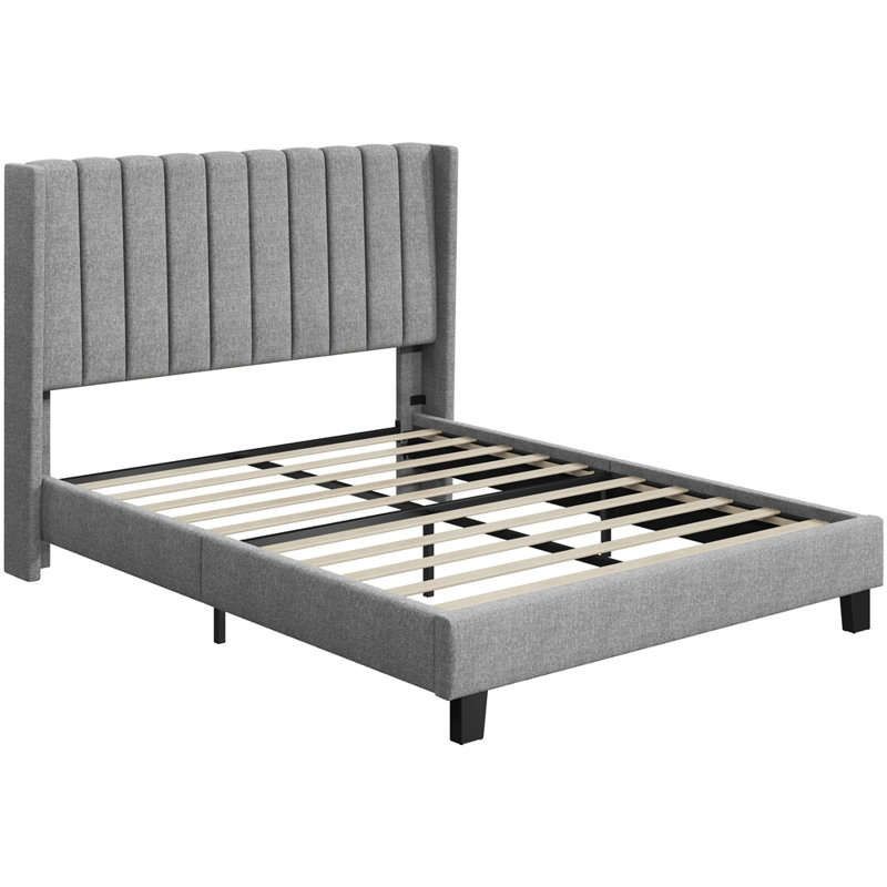 Upholstered Bed Frame with Channel Tufted Headboard, Light Grey, Kingsize (5')