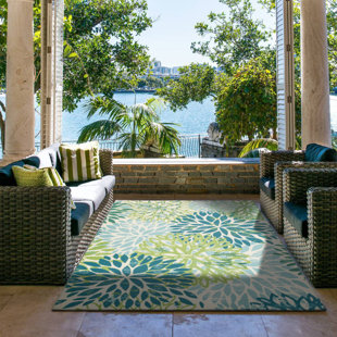 Tapis d'extérieur Sunshine Modern Plant Design Performance - vert / bleu / ivoire