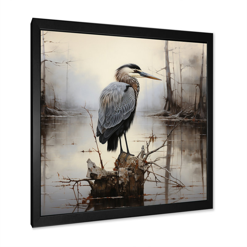 Heron Solitary Reflections Pointillism I - Animals Canvas Print, Cadre simple noir, H 24 po x l 24 po x P 1 po