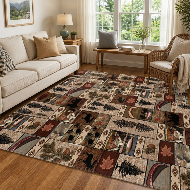 Tapis rustique patchwork forêt (1 pièce) - Motif ours, pommes de pin et poissons. Lavable, à poils courts et antidérapant. Parfait pour le salon, la chambre à coucher, la cuisine ou le bureau.