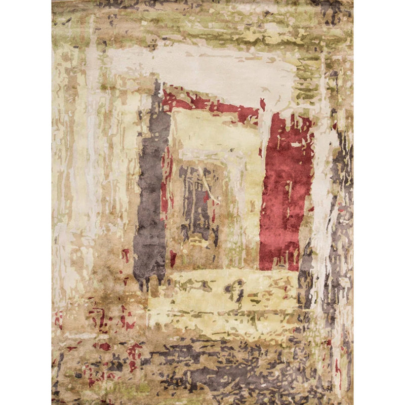 Tapis rectangulaire touffeté à la main à motif abstrait ivoire / rouge / gris Trenton, Rectangle 5 pi x 8 pi