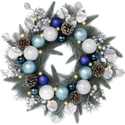  Pre-Lit Christmas Wreath for Front Door with Lights, 20 Inch Large Chritsmas Wreath with Pine Cone Berries Blue Xmas Balls for Fireplace Window Outdoor Table Centerpiece Decoration