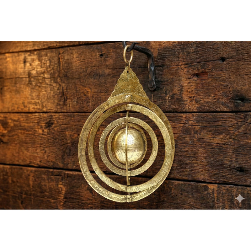 Handmade 17.5-Inch Brass Hanging Islamic Globe – Ornate Celestial Sphere Wall Decor, Vintage Astrolabe Style with Arabic Calligraphy