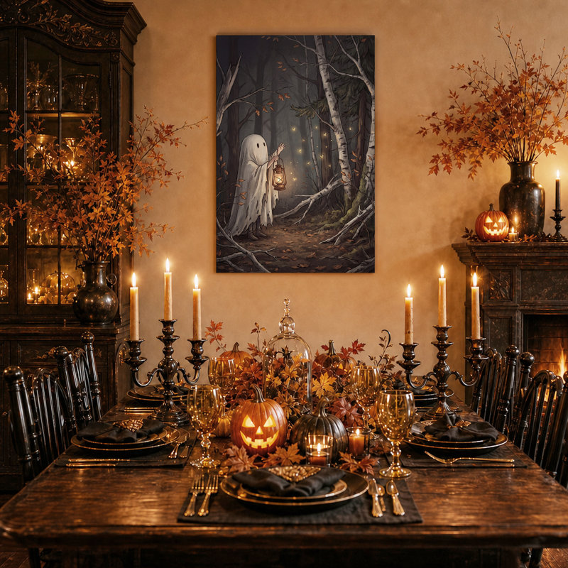 Tableau sur toile d'Halloween représentant un fantôme blanc tenant une lanterne dans une forêt sombre, 40"H x 28"W