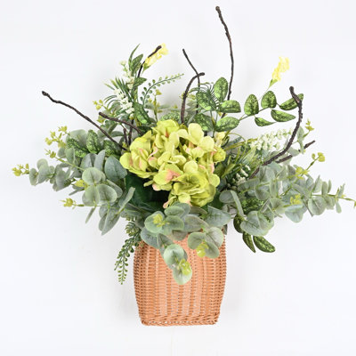 Artificial Spring Summer Hydrangea Floral Arrangement With Basket For Front Door Wall Decor, Farmhouse Twig Blossoms Cluster Greenery Eucalyptus Foliage Faux Flower For Dining Table Centerpieces, Home Office Wedding Party Decor