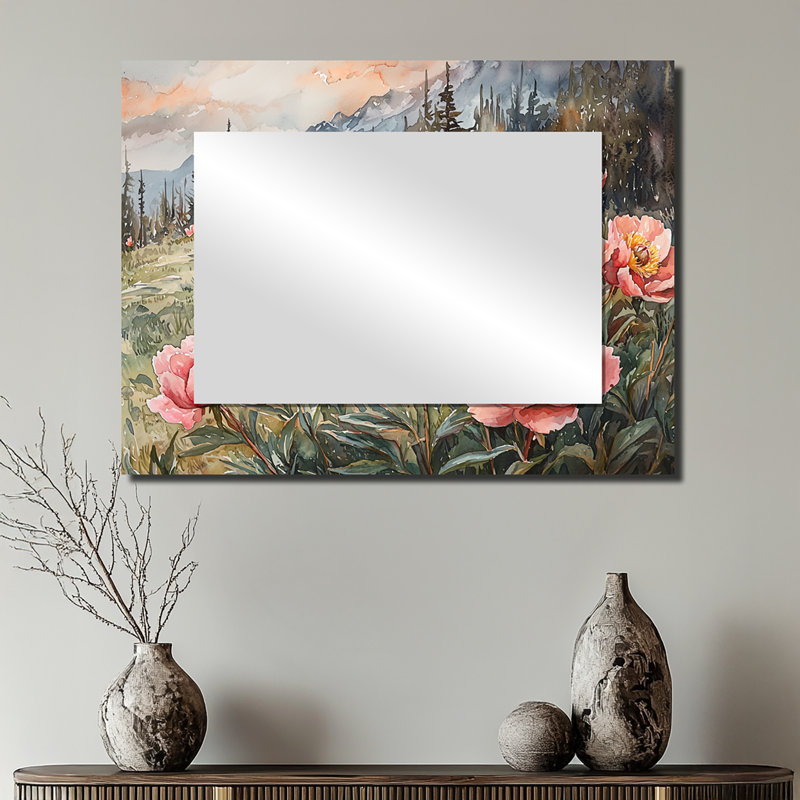 Forêt pivoines par la cabane I - décoration murale miroir floral - imprimé sur métal, 24" x 32"