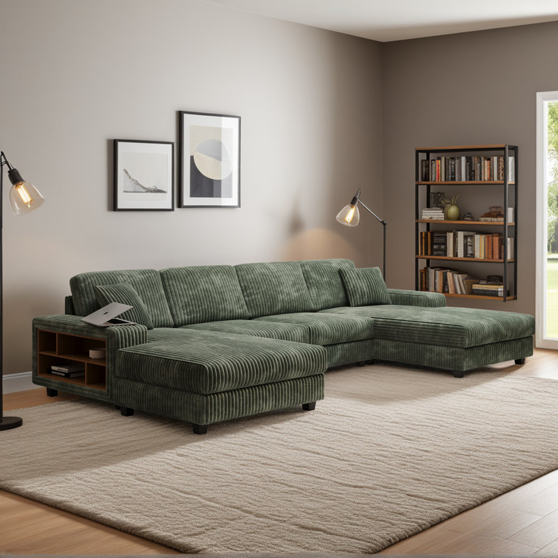 Canapé modulaire surdimensionné en U de 137 po avec 4 pièces de rangement en velours côtelé et 2 chaises, Velours côtelé vert