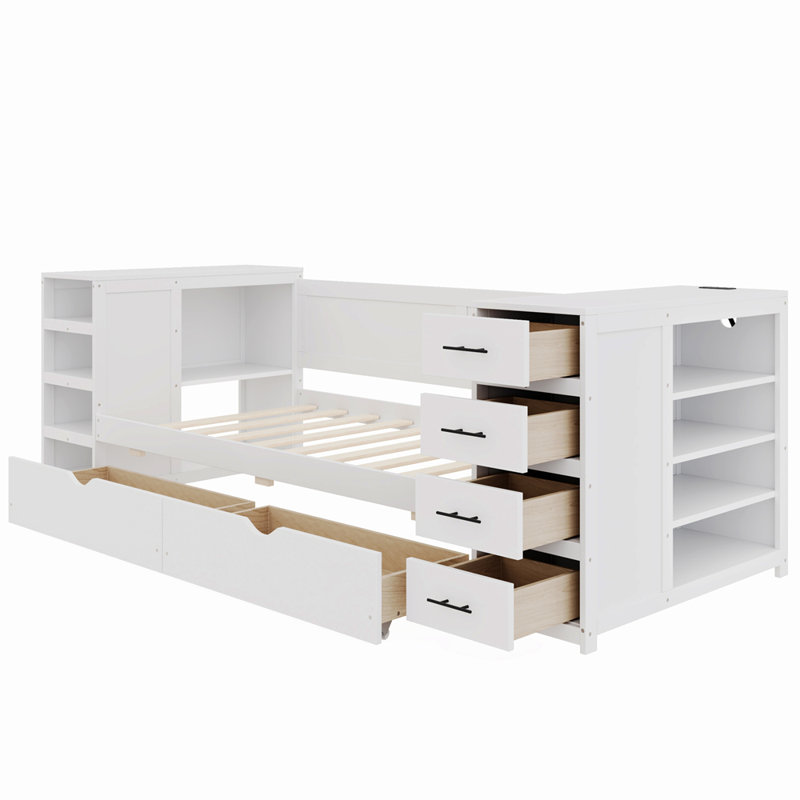 White Wooden Twin Size Daybed with Side Shelves & Drawers, Storage Bed with Multi-Functional Desk and Charging Station