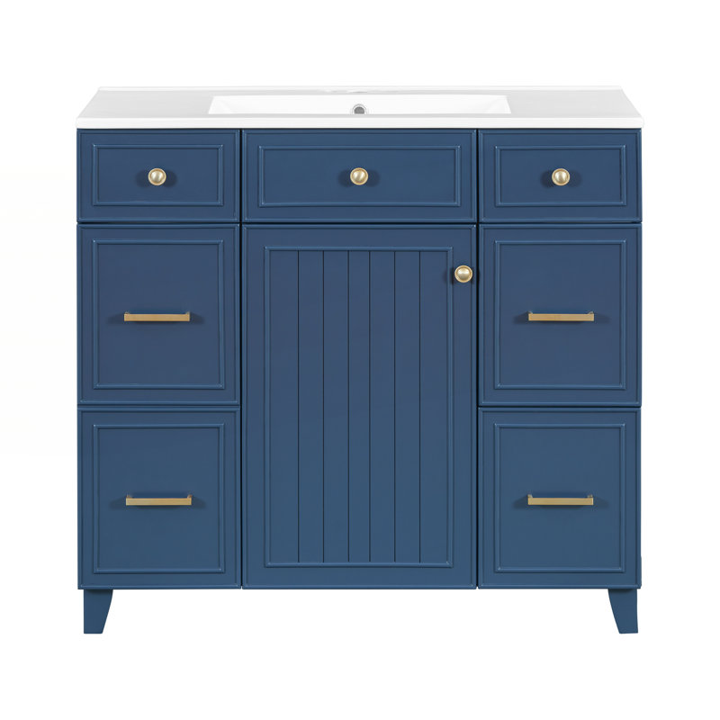 Meuble-lavabo 36 po avec lavabo en céramique, Doré, Bleu