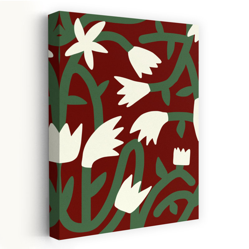 Illustration murale abstraite et contemporaine de fleurs cramoisies et de vignes, représentant des fleurs naturelles.