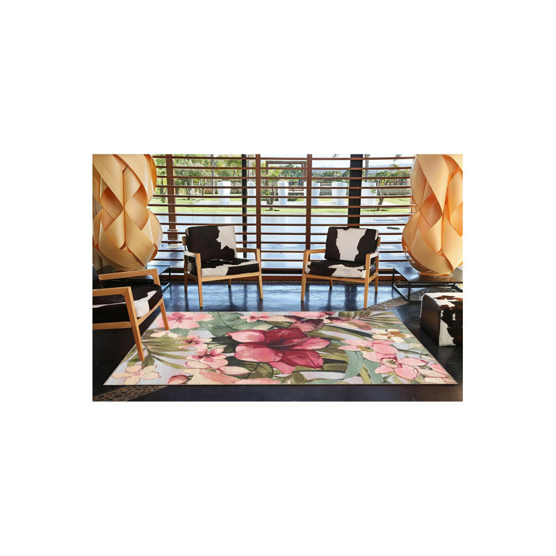 Tapis décoratif lavable à motif floral rose et vert, Carré 3 pi 3 po