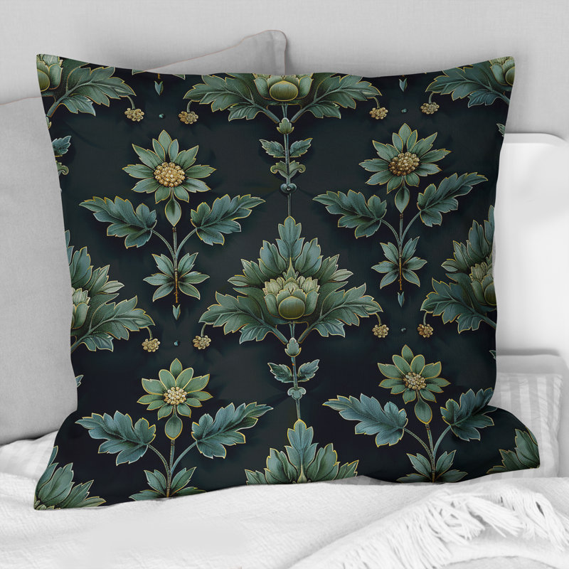 Vert, jaune, floral, vignes I - Coussin décoratif moderne, H 16 po x l 16 po