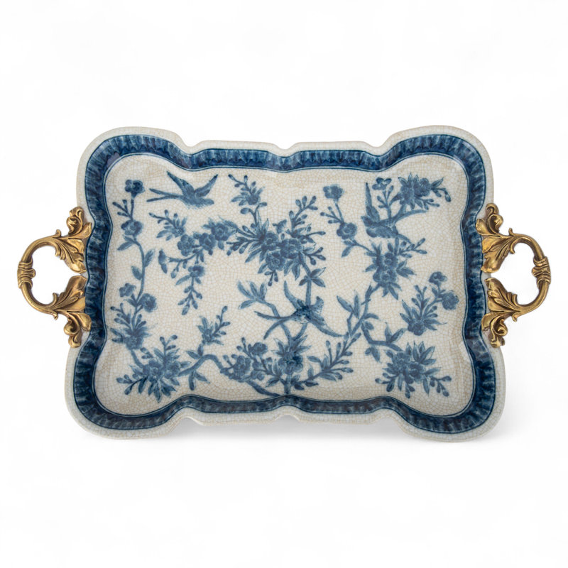 Porcelain Tray with Bronze Handles - Songbird Garden
